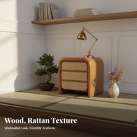 Japanese aesthetic Wicker Front Bedside Cabinet Rattan Design Nightstand Vintage Inspired Storage Furniture space-saving Size for Apartment Dwellers, Homeowners, Students, Bedroom, Living Room, Entryway, Hallway