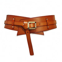 Gold-Tone Wide Waist Belt Stitched Double Strap Belt Fashion Adjustable for Women, Dresses, Coats, Sweaters