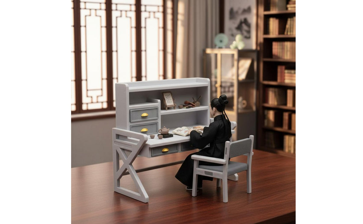 Functional Drawers 1/6 Scale Desk and Chair Set Realistic Intricate Scale Model Furniture Exquisite Craftsmanship for Photography Prop