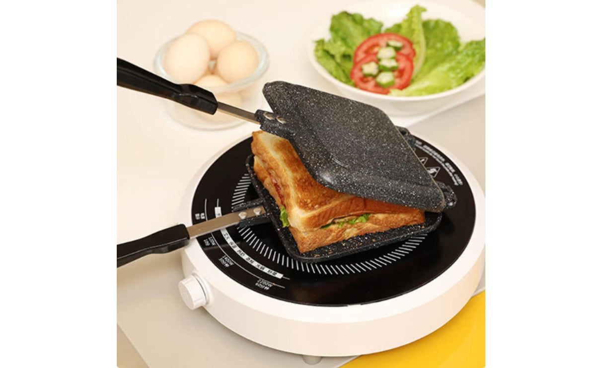 Long Handle Double-Sided Sandwich Grill Pan Nonstick Hinged Sandwich Pan Square Plates Stovetop Panini Press Even Heat
