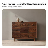 Naturally Weathered Finish Wabi-Sabi Design Low Cabinet Artisan-Made Rustic Elm Wood Sideboard 9 Drawer Wooden Chest for Guesthouse Owners, Homeowners, Interior Designers, Living Room, Bedroom, Entryway