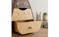 Cat Shaped Desk Organizer Wood Wooden Drawer Storage Box Multi-Compartment Design Cute Cartoon Storage Holder for Bedroom