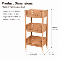 Khaki Rolling Storage Cart Utility Trolley with Wheels for Kitchen Bathroom