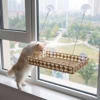 Window Cat Perch and Cat Hammock, Handwoven Rattan Cat Bed with Strong Suction Cups, Folding Storage Suction Cup Cat Bed for Indoor Sunbathing