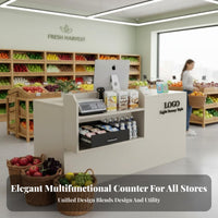 Retail Checkout Counter Multi-Function Shop Reception Table Spacious Countertop Front Desk with Storage for Clerks, Business Owners, Boutique, Lobby