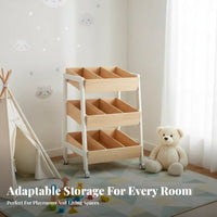 Movable with 360-Degree Wheels 3-Tier Rolling Bin Shelf Rounded Corners Toy Organizer Child-Safe Design Storage Rack Large Capacity for Toddlers, Parents, Playroom, Nursery, Kindergarten, Living Room