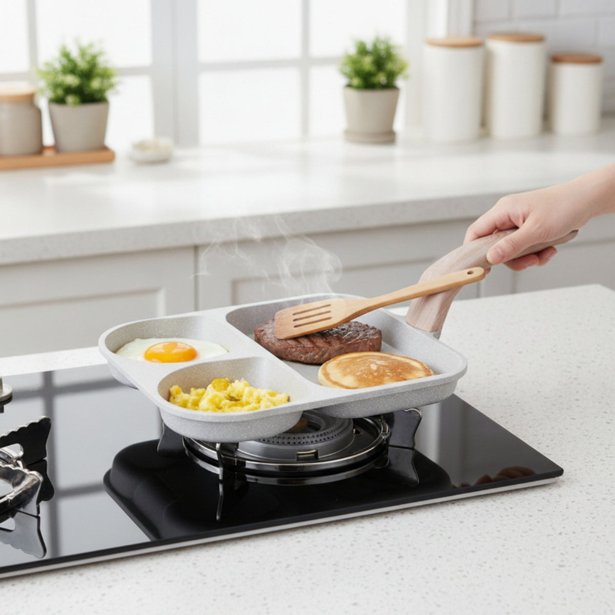 Breakfast Pan with Compartments 3-Compartment Divided Pan Nonstick Divided Skillet for Individuals, Students, Small Kitchens, Dorm Rooms