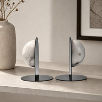 Round Bookends with Marble Orb Sculptural Marble Bookends with Metal Base Modern Bookend Set for Readers, Bookshelf, Office, Reading Quiet Area