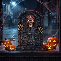 Stone-Look Tombstone with Skull Creepy Animated Tombstone Scary Halloween Tombstones Eerie for Porch