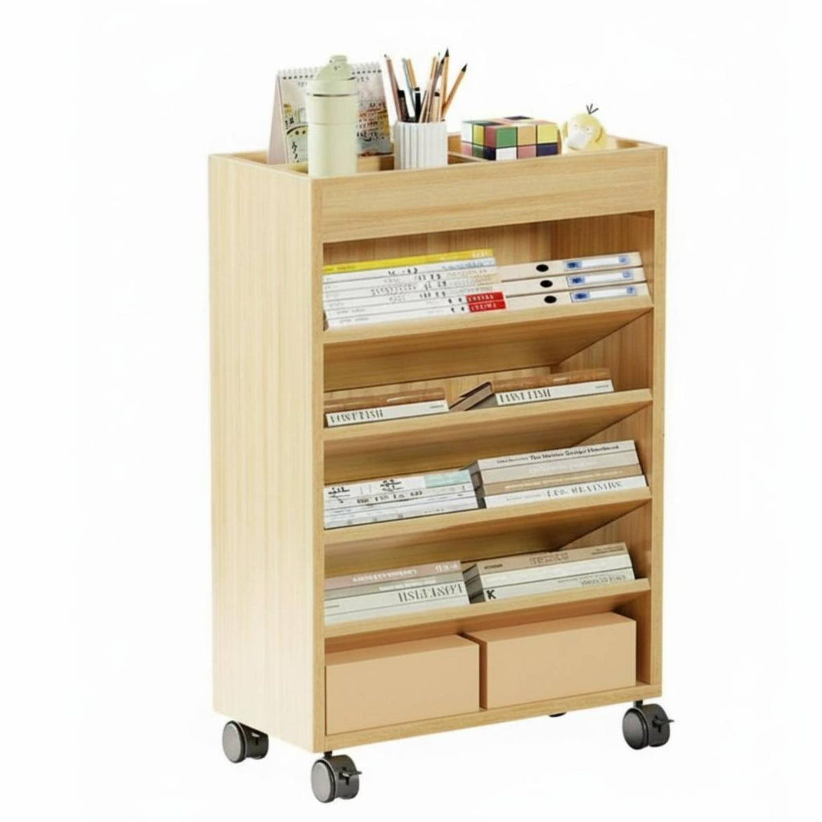 360° Rotating Wheels Movable Book Rack Versatile Use Multi-Tier Wheeled Bookshelf Easy to Reach Rolling Organizer Slim Profile for Students, Teachers, Office Workers, Classroom, Dorm Room, Home, Nursery