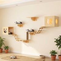 Cat Climbing Frame with Perch and Steps, Wood Wall Mounted Playground for Indoor Pets, Includes House, Pad and Bridge, Simple Style