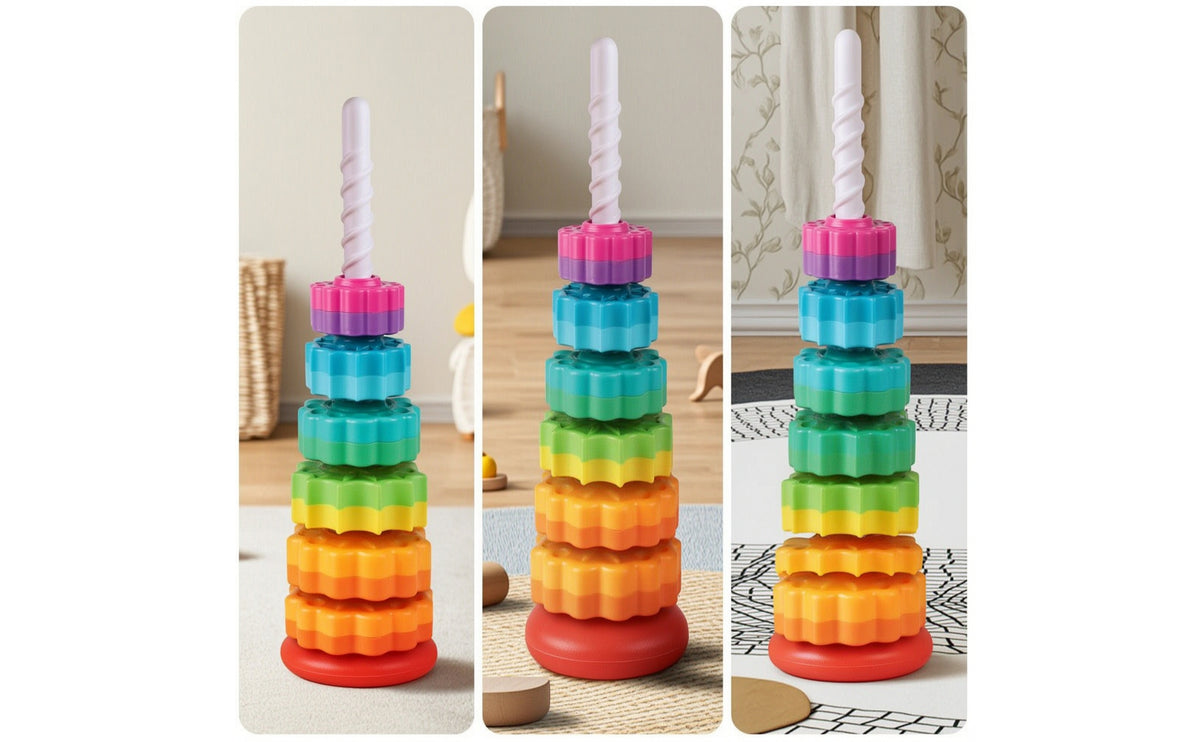 Rotate Rainbow Stacking Column Smooth-Edged Rotating Stacker Interlocking Stacking Toy with Spiral Post Textured for Toddlers, Babies, Playroom, Classroom