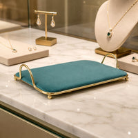 Textile-Covered Padded Jewelry Display Tray Curved Handles Gold-Tone Jewelry Tray Raised Rim Accessory Organizer Multi Use