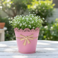 Tapered Metal Planter Pot Cottagecore Planter with Lace Rim Outdoor Pot with Bow Ornament Long-Lasting for Balcony, Patio, Garden