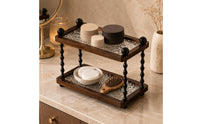 Dark Brown Two-Tier Storage Rack Textured Tabletop Tray Rack Twisted Posts Wooden Tray Organizer Clear for Desk, Vanity, Entryway
