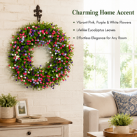 Multicolor Spring Door Wreath, Faux Floral Eucalyptus & Small Flowers, Handmade Artificial Wreath for Front Door Home Decor, Wedding