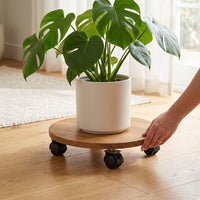 Round Wooden Plant Caddy with Wheels and Brakes, Heavy Duty Rolling Planter Stand for Indoor/Outdoor Use