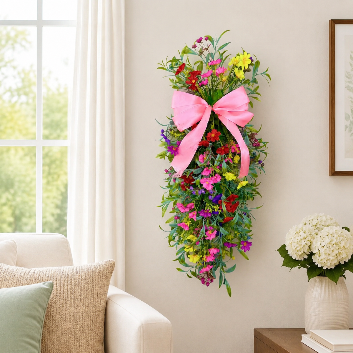 60cm Teardrop Floral Swag, Fake Flowers Garland for Door Hanging, Artificial Flower Swag for Wedding Arch Decor
