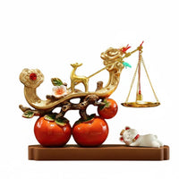 Deer Balance Ornament Gift Box Persimmon Luck Statue Gold Finish Chinese Desk Decor for Newlyweds, Housewarming