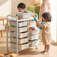 Toy Storage Rack with Bins Mobile Toy Storage Cart with Wheels Pull-out Shelf Unit with Bins for Kids, Young Children, Playroom, Nursery