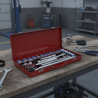 Automotive Socket Set with Metal Case Organized Ratchet and Socket Set Compact Mechanics Tool Kit with Case for Garage, Roadside Emergency
