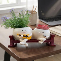 Smiling Faces Rocking Chair Planter Wooden Base Cartoon Plant Pot Set Cute Design Grinning Flower Pot Wood-Grain