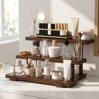 Three-Tier Storage Display Rack Walnut Wood Desktop Shelf Stand Compact