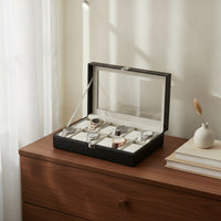 Leather Watch Display Case Velvet-Lined Watch Box with Glass Lid Dustproof Sturdy for Collectors, Dresser, Closet