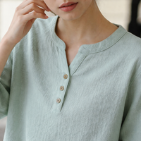 Boho Tops for Women with V Neck and Button Detail, Ramie Blend T-Shirts with 70-80% for Breathable Comfort, Vintage Short Sleeve Work