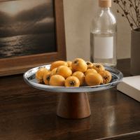 Nordic Wood & Silver Metal Cake Stand, Footed Cake Stand for Birthday Parties, Decorative Cake Serving Stand, Modern Dessert Display