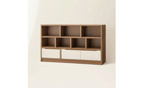 Low Bookshelf with Cubbies Wood Grain Bookcase with Doors Floor-Standing Low Bookcase for Bedroom, Reading Corner