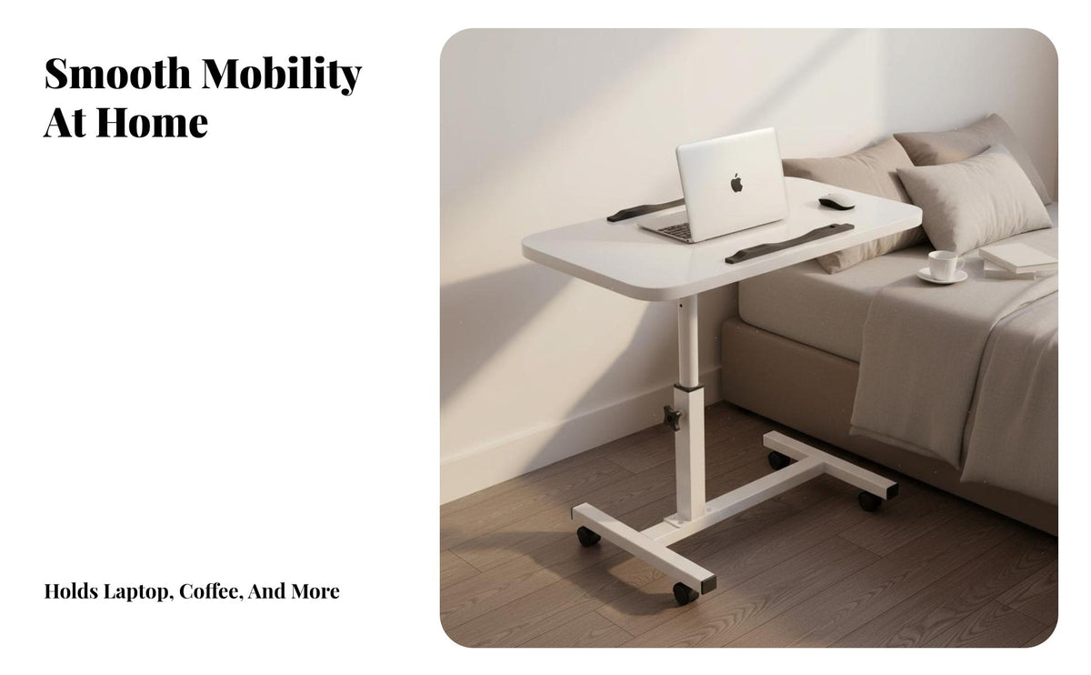 Multi-Functional Adjustable Height Side Table Space-Saving Design Rolling Bedside Table Sturdy Construction Mobile Laptop Desk Easy Assembly for Telecommute Workers, Work from Home Professionals, Students, Bedroom, Living Room, Small Areas
