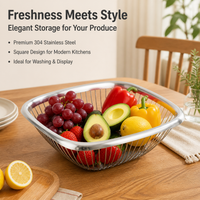 Fruit Bowl, 304 Stainless Steel Wire Basket, Square Brushed Steel Fruit Bowl for Kitchen Counter, Minimalist Design