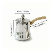 Polished Silver Coffee Pot with Wood-Grain Handle Narrow Spout Stainless Steel Coffee Pot Long-Lasting Milk Warming Pitcher Heat-Resistant for Baristas, Home Kitchen