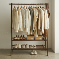 Solid Wood Wooden Clothes Rack with Shelves Foldable Double Shelf Clothing Rack Minimalist Design Freestanding Coat Stand Large Capacity for Bedroom, Entryway, Dorm Room