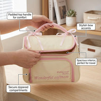 Waterproof Makeup Bag with Handle for Women Girls, Bow Cosmetic Organizer Large Capacity, PU Leather Skincare Storage for Daily Use Travel