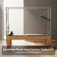 Pilates Luxury Reformer Solid Wood Frame Pilates Reformer with Steel Column Studio Grade Wooden Overhead Rig Table for Fitness Professionals