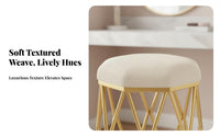 golden-hued Frame Upholstered Round Stool with Metal Legs Padded Seat Upholstered Vanity Stool Soft paddinged Top Household Furniture plush fabric Upholstery for Beauticians, Apartment Dwellers, residents, Makeup Room, Bedroom, Nail Salon, Entryway