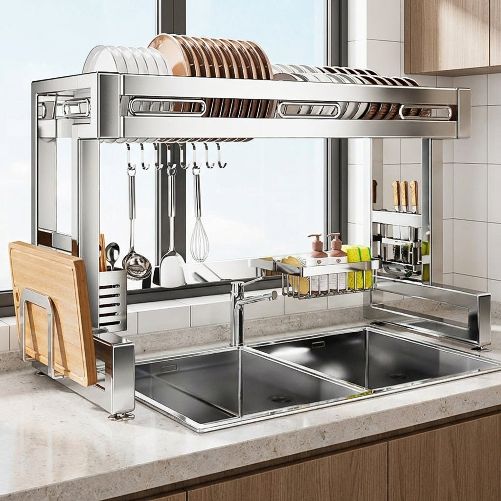 Stainless Steel Dish Rack and Dish Drainer, Kitchen Sink Drainer with Utensil Holder
