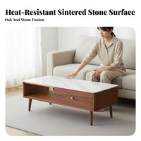Sintered Stone Tabletop Coffee Table with Drawers and Shelf Modern Minimalist Design Rectangular Coffee Table with Drawers Long-Lasting Sturdy Household Furniture Heat Resistant for Apartment Dwellers, Families, Adults, Living Room, Home, Lounge Area