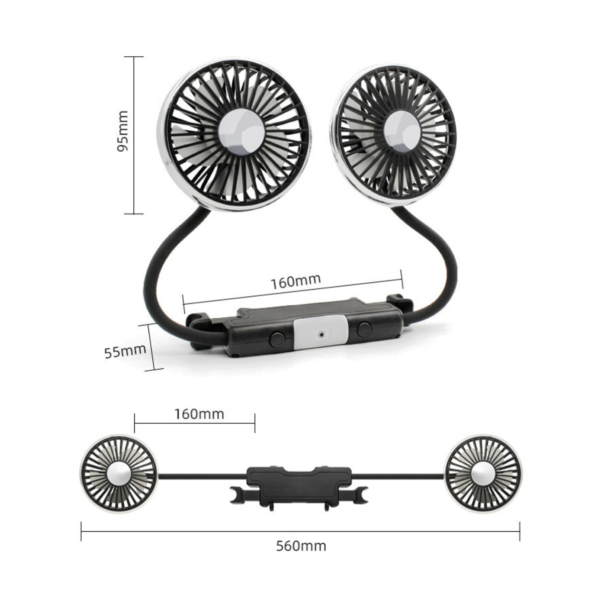 Flexible Two-headedHead Car Fan Long Cable Seat-Back Fan ABS Plastic