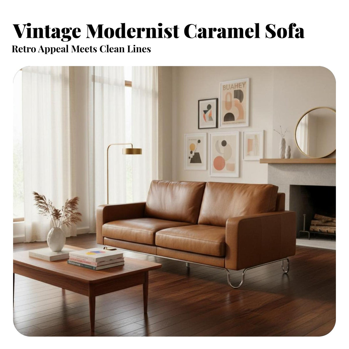 Caramel Leather 3-Seater Sofa Vintage Look Living Room Seating stylist's aesthetic Couch for Interior Designers, Homeowners, Den, Study, Office