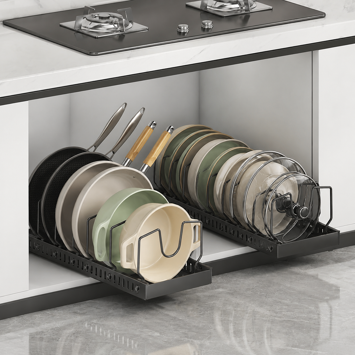 Pot Rack, Under Sink Storage, Frying Pan Rack, 52cm, Stainless Steel, Drawer Type, Adjustable Dividers
