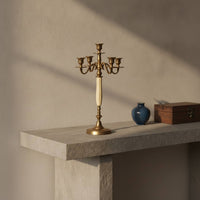 Five-Arm Candelabra Brass-Colored Tabletop Candelabra Sculptural Candlestick Holder with Round Base for Entryway