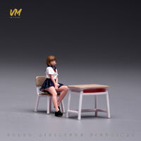 VM 1/64 School Uniform Short Hair Girl Miniature Figure with Desk and Chair Set for Classroom Scene
