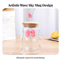 Cumulus Shaped Drinking Glass High Temperature Resistant Bowknot Glass Cup Large Capacity for Young Adults, Teenagers, Office, School, Dessert Shop