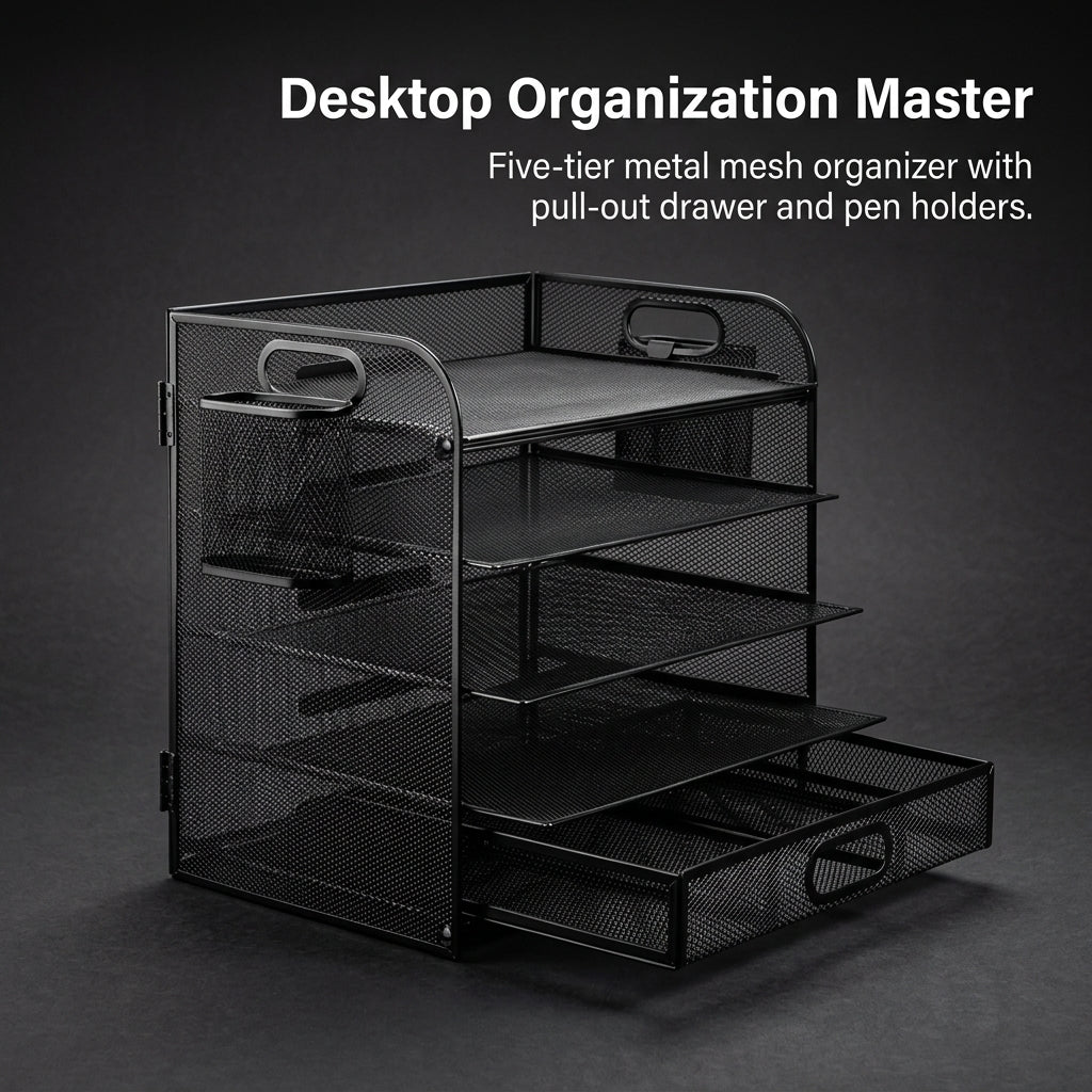 5-Tier Metal Desk Storage with Drawer and Pen Holder, Desktop File Organizer for Office Home, Paper Filing Rack for Students Workspace