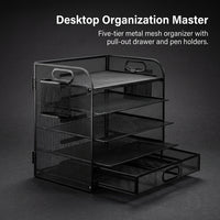 5-Tier Metal Desk Storage with Drawer and Pen Holder, Desktop File Organizer for Office Home, Paper Filing Rack for Students Workspace