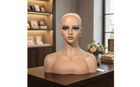 Mannequin Head with Shoulders Realistic Female Mannequin Bust Bald Hairpiece Display Head for Cosplayers, Jewelers