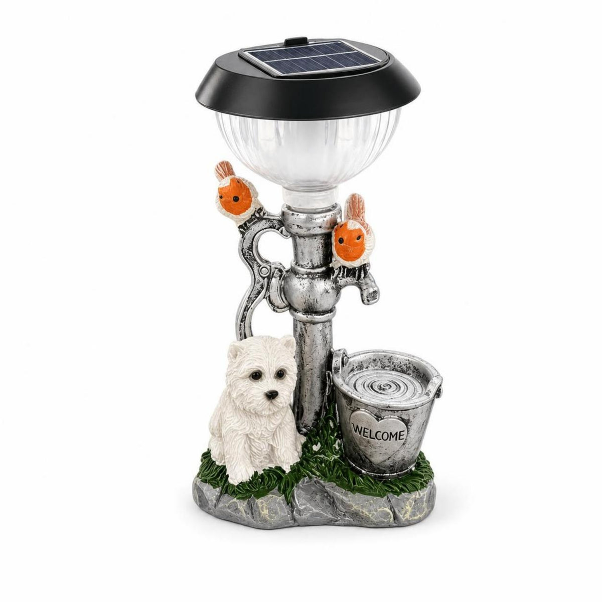 Welcome Dog Statue with Basin Automatic Dog Statue with Solar Light for Walkway